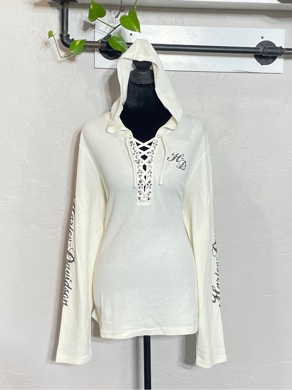 Harley Davidson Lace-Up Hooded Henley Scroll Skull Studs Thermal Shirt, 2XL